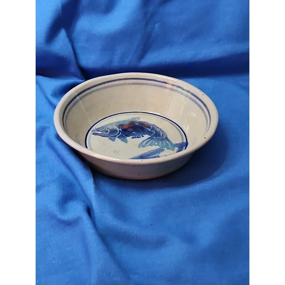 Antique Chinese Fish Bowl Stoneware Pottery Hand Painted‎ Koi Vintage 6.5